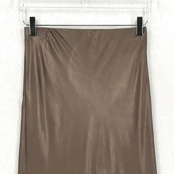 ENZA COSTA Satin Bias Cut Skirt Womens Small 1 Shiitake Brown Midi Pull on Slip - Picture 7 of 16